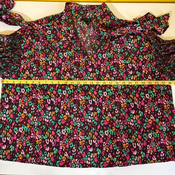 Who What Wear Womens Tie‎ Neck Balloon Sleeve Top XXL Green Pink Abstract Floral - Picture 8 of 10